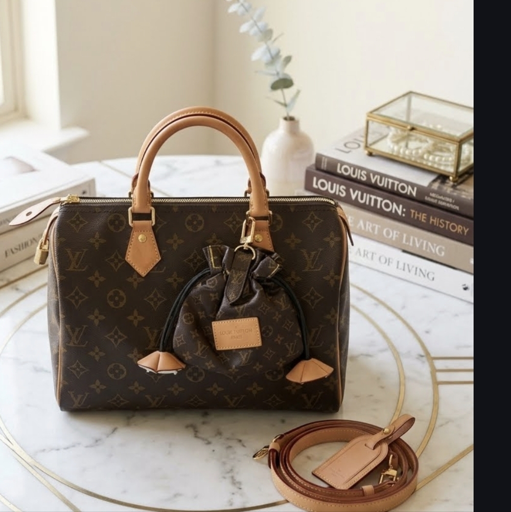 Brown Monogram Satchel 30 with Tan Leather Trim and Pouch